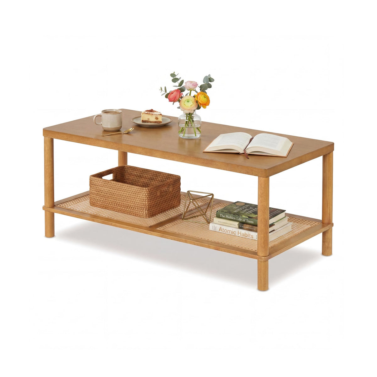 2-Tier Boho Coffee Table for Living Room Rectangular Center Table with Rubber Wood Frame and PVC Rattan Storage Shelf-Rustic Brown-Coffee Tables-DECOROLALA