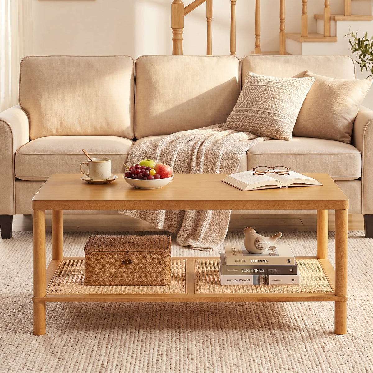 2-Tier Boho Coffee Table for Living Room Rectangular Center Table with Rubber Wood Frame and PVC Rattan Storage Shelf-Rustic Brown-Coffee Tables-DECOROLALA