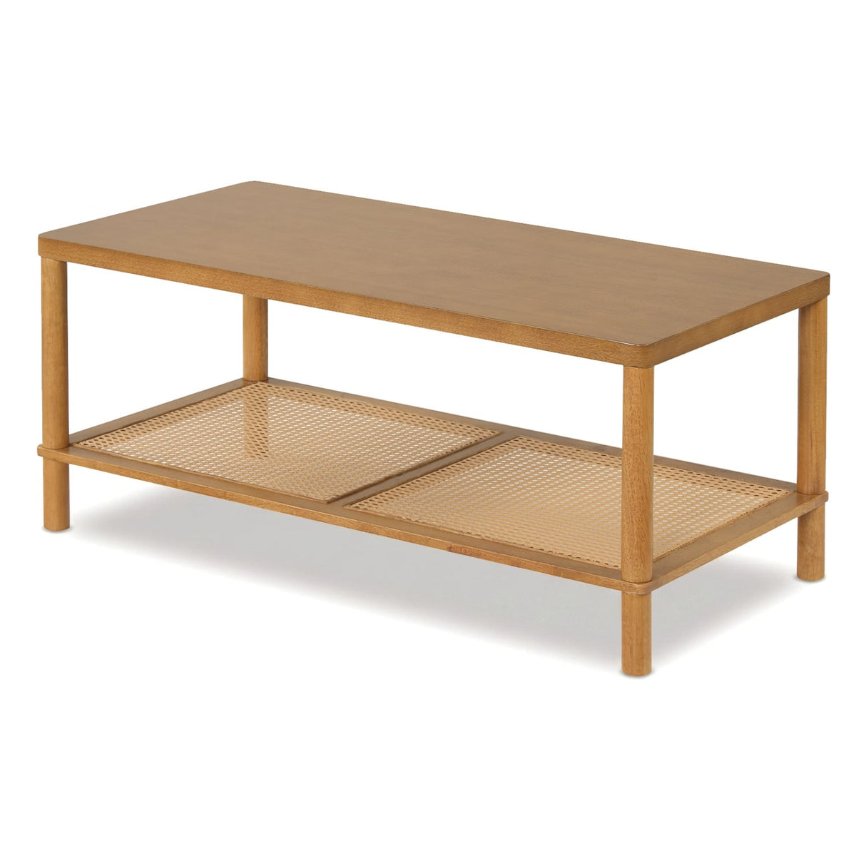 2-Tier Boho Coffee Table for Living Room Rectangular Center Table with Rubber Wood Frame and PVC Rattan Storage Shelf-Rustic Brown-Coffee Tables-DECOROLALA