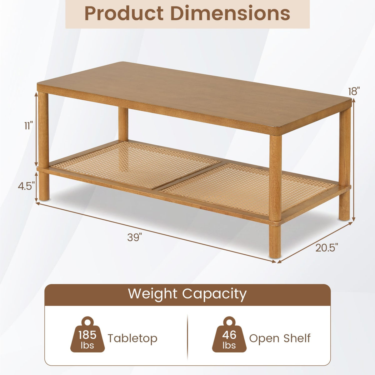 2-Tier Boho Coffee Table for Living Room Rectangular Center Table with Rubber Wood Frame and PVC Rattan Storage Shelf-Rustic Brown-Coffee Tables-DECOROLALA
