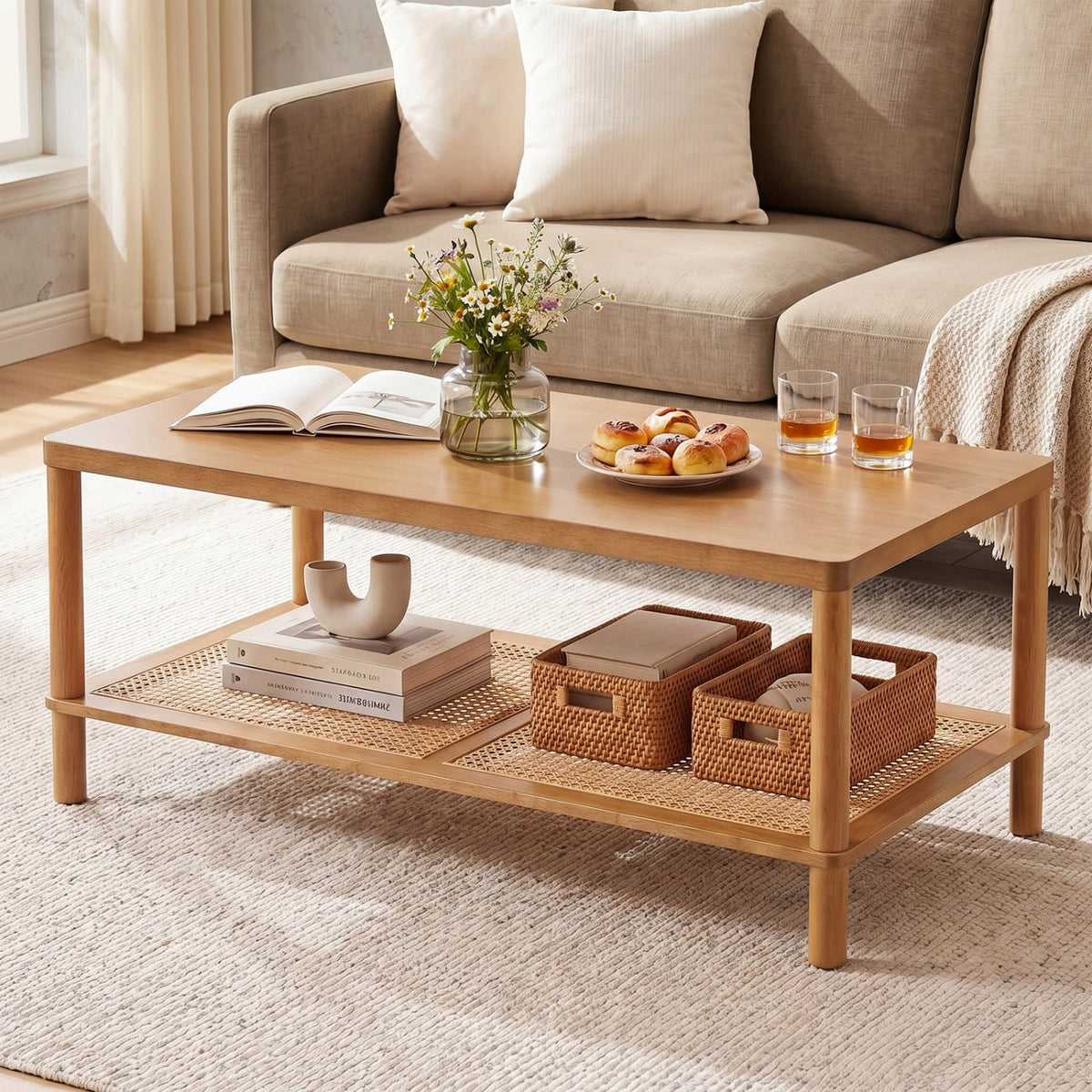 2-Tier Boho Coffee Table for Living Room Rectangular Center Table with Rubber Wood Frame and PVC Rattan Storage Shelf-Rustic Brown-Coffee Tables-DECOROLALA