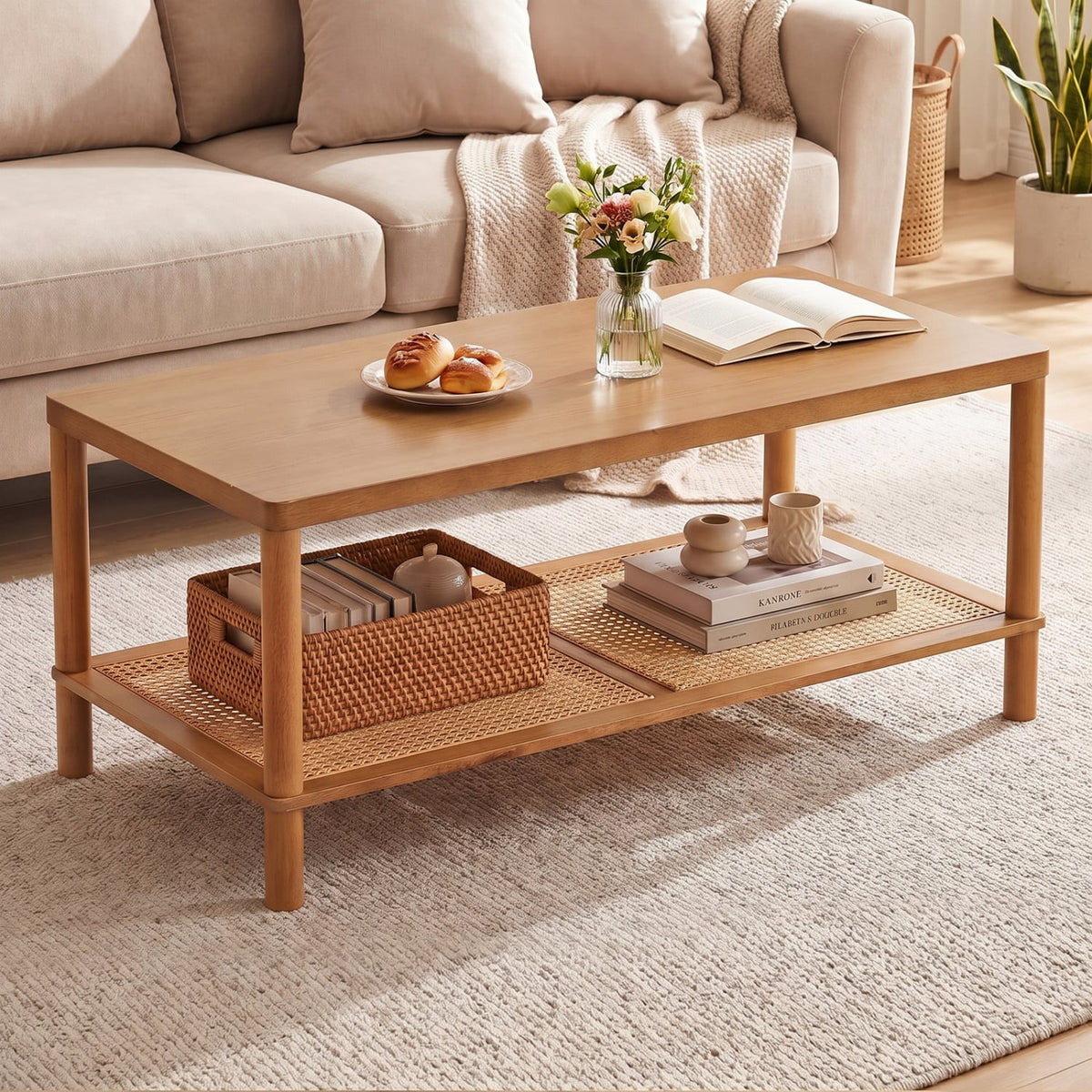 2-Tier Boho Coffee Table for Living Room Rectangular Center Table with Rubber Wood Frame and PVC Rattan Storage Shelf-Rustic Brown-Coffee Tables-DECOROLALA