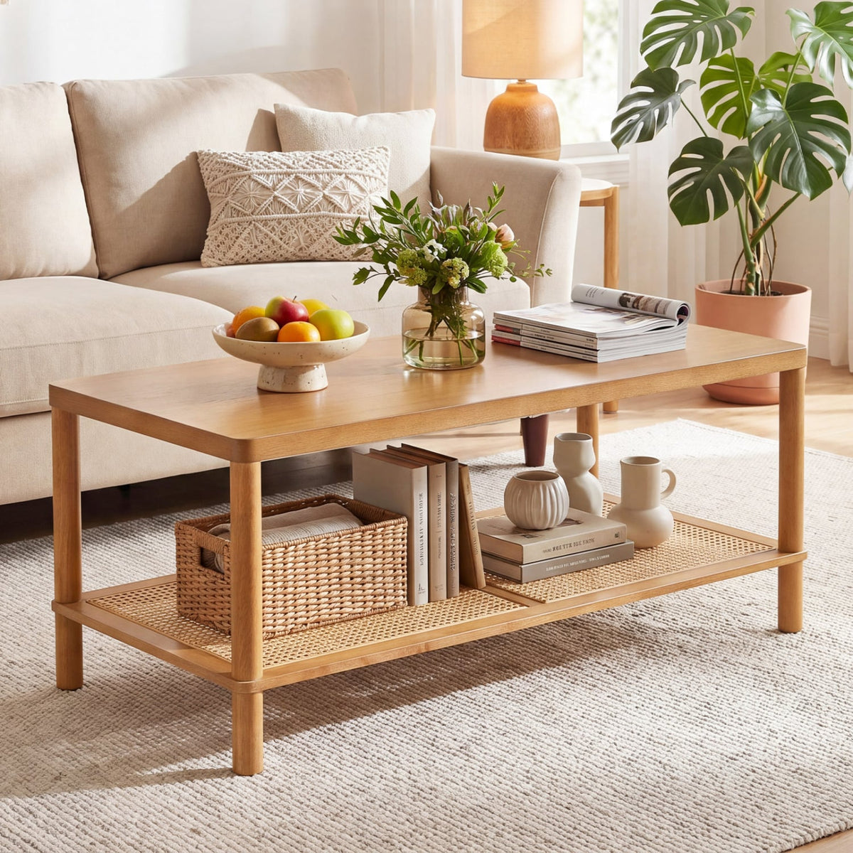 2-Tier Boho Coffee Table for Living Room Rectangular Center Table with Rubber Wood Frame and PVC Rattan Storage Shelf-Rustic Brown-Coffee Tables-DECOROLALA