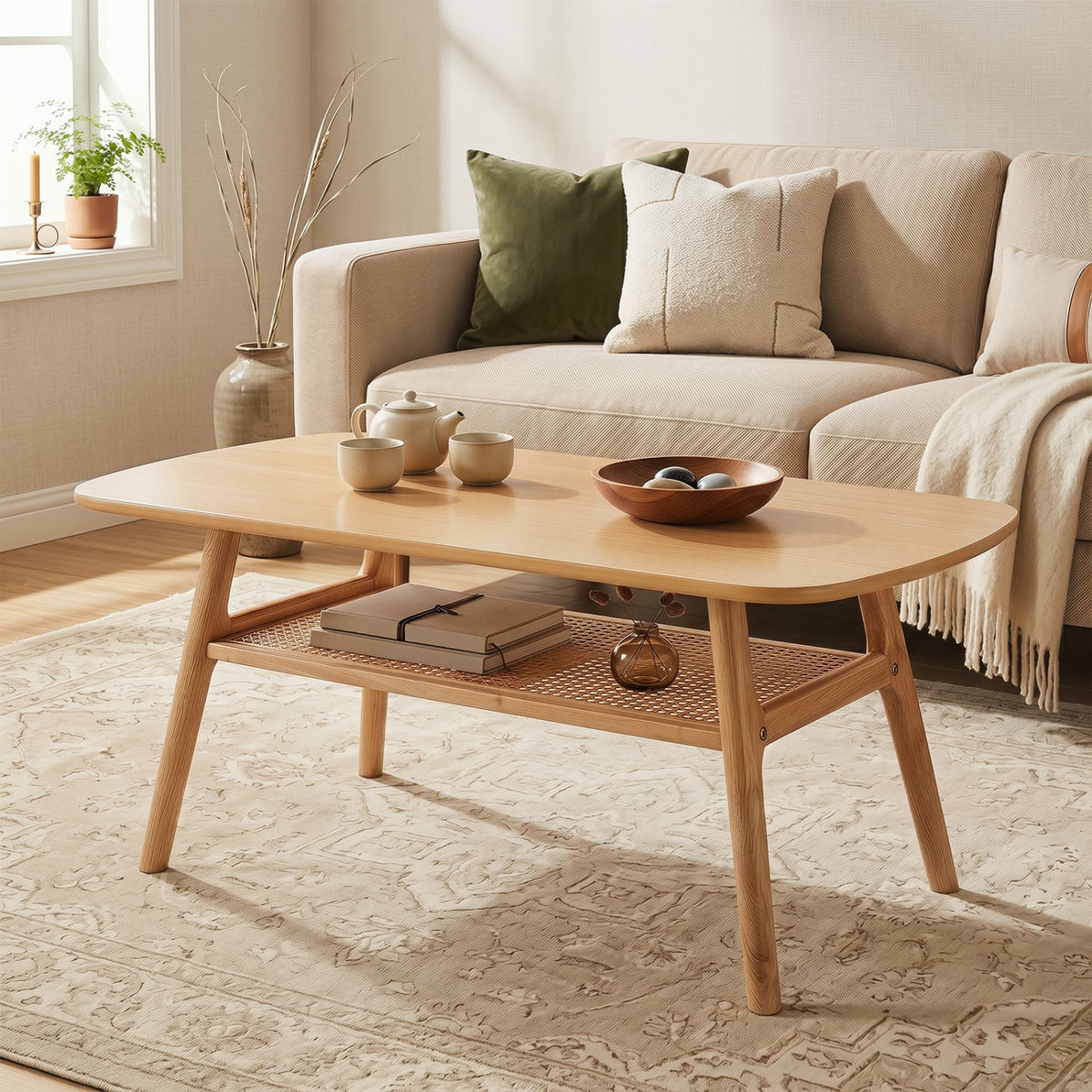 2-Tier Boho Rattan Coffee Table with Rounded Corners-Natural-Coffee Tables-DECOROLALA