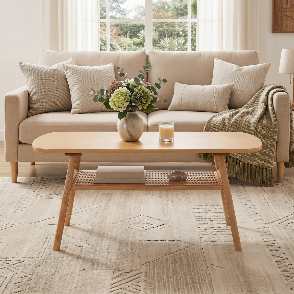 2-Tier Boho Rattan Coffee Table with Rounded Corners-Natural-Coffee Tables-DECOROLALA