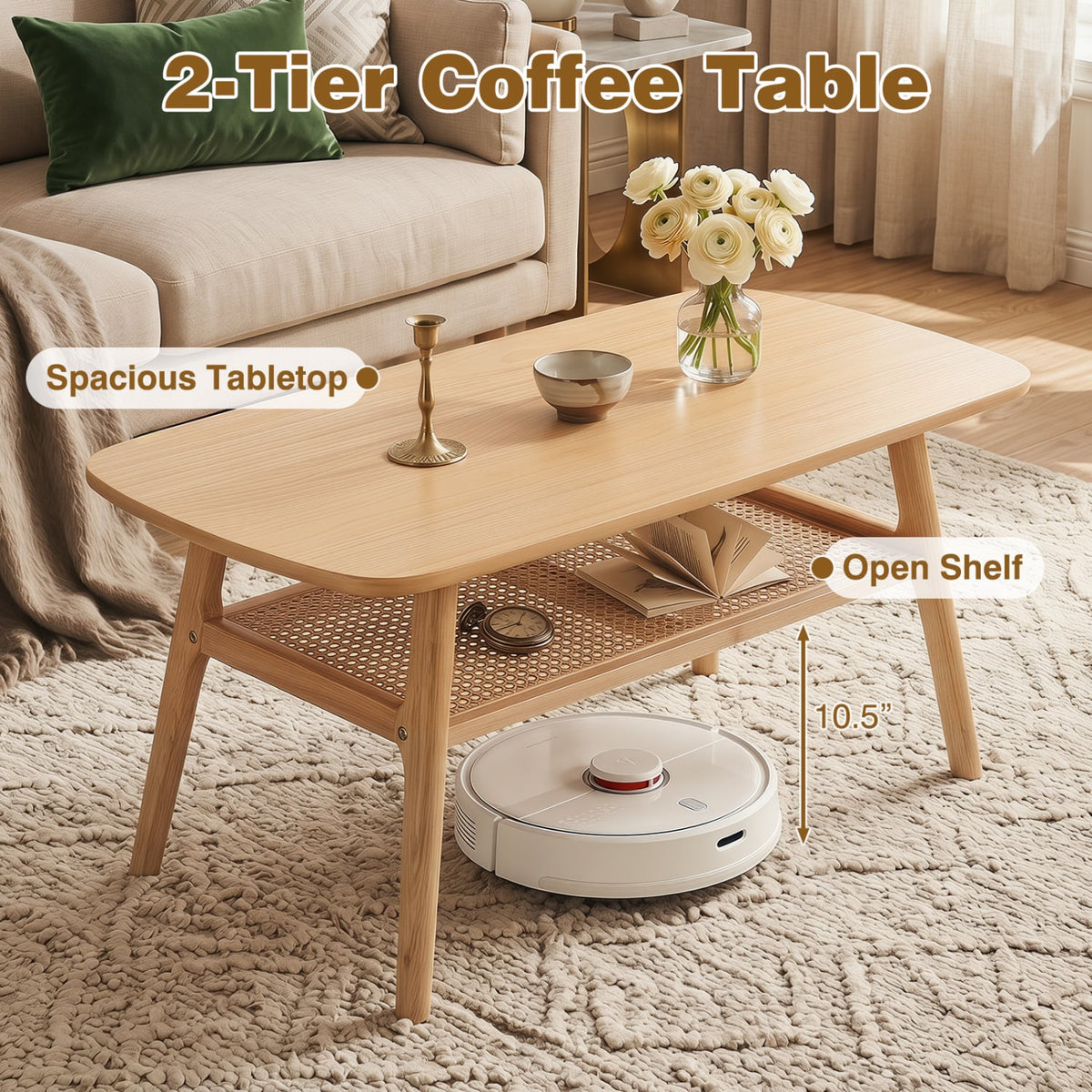 2-Tier Boho Rattan Coffee Table with Rounded Corners-Natural-Coffee Tables-DECOROLALA