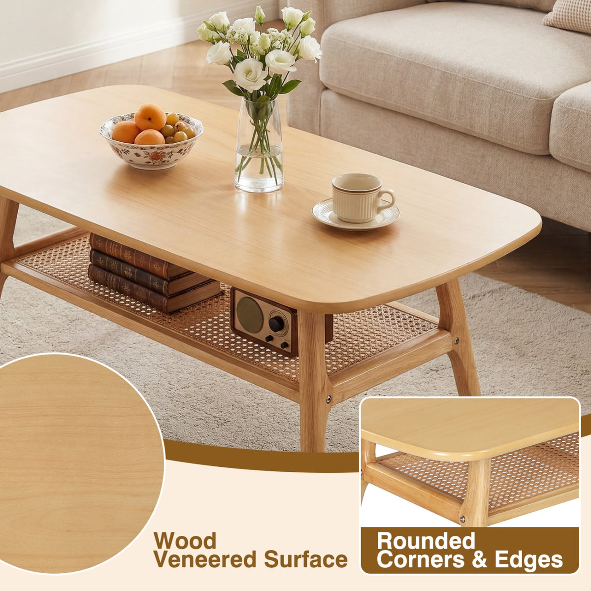 2-Tier Boho Rattan Coffee Table with Rounded Corners-Natural-Coffee Tables-DECOROLALA