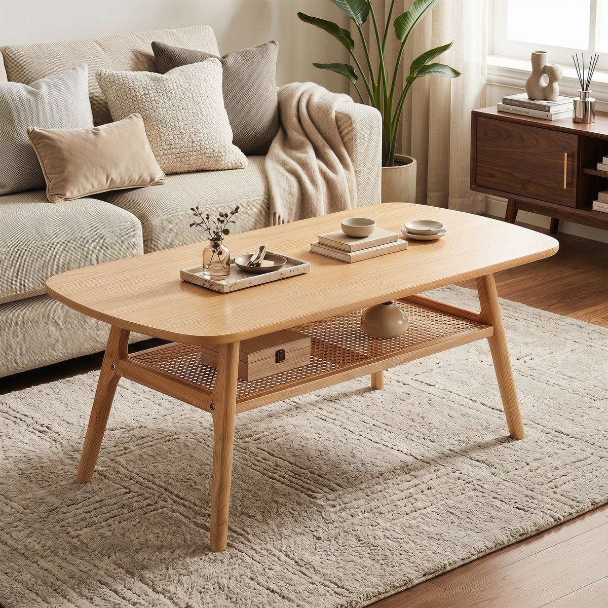 2-Tier Boho Rattan Coffee Table with Rounded Corners-Natural-Coffee Tables-DECOROLALA