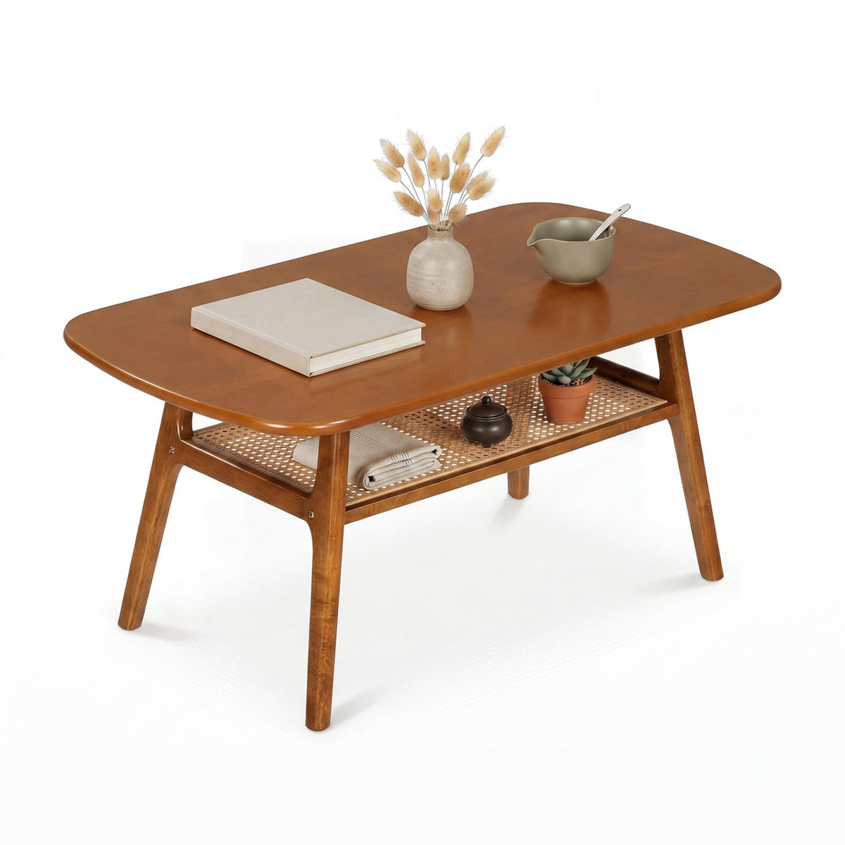 2-Tier Boho Rattan Coffee Table with Rounded Corners-Walnut-Coffee Tables-DECOROLALA