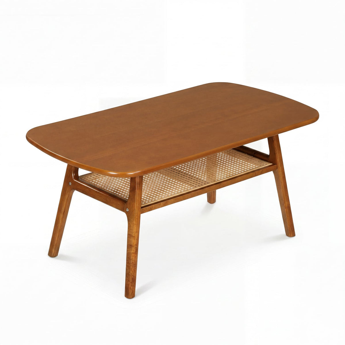 2-Tier Boho Rattan Coffee Table with Rounded Corners-Walnut-Coffee Tables-DECOROLALA