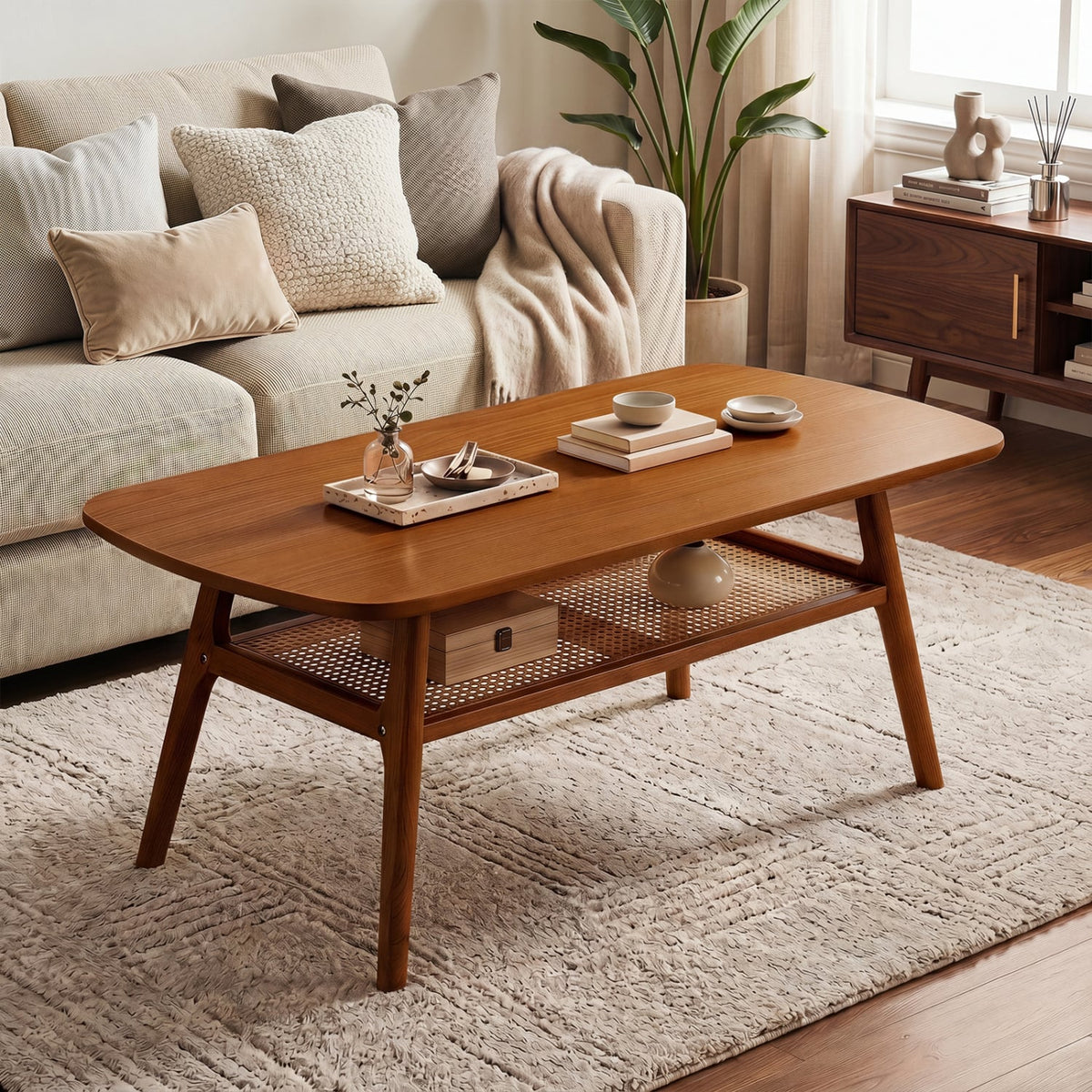 2-Tier Boho Rattan Coffee Table with Rounded Corners-Walnut-Coffee Tables-DECOROLALA