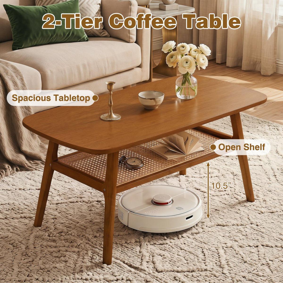 2-Tier Boho Rattan Coffee Table with Rounded Corners-Walnut-Coffee Tables-DECOROLALA