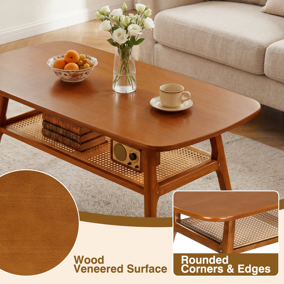 2-Tier Boho Rattan Coffee Table with Rounded Corners-Walnut-Coffee Tables-DECOROLALA