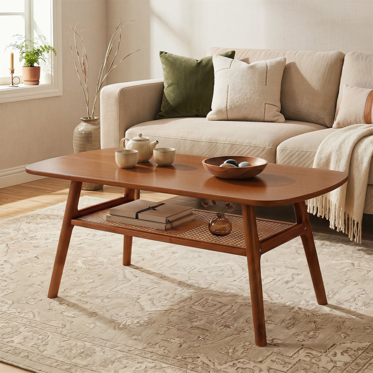 2-Tier Boho Rattan Coffee Table with Rounded Corners-Walnut-Coffee Tables-DECOROLALA