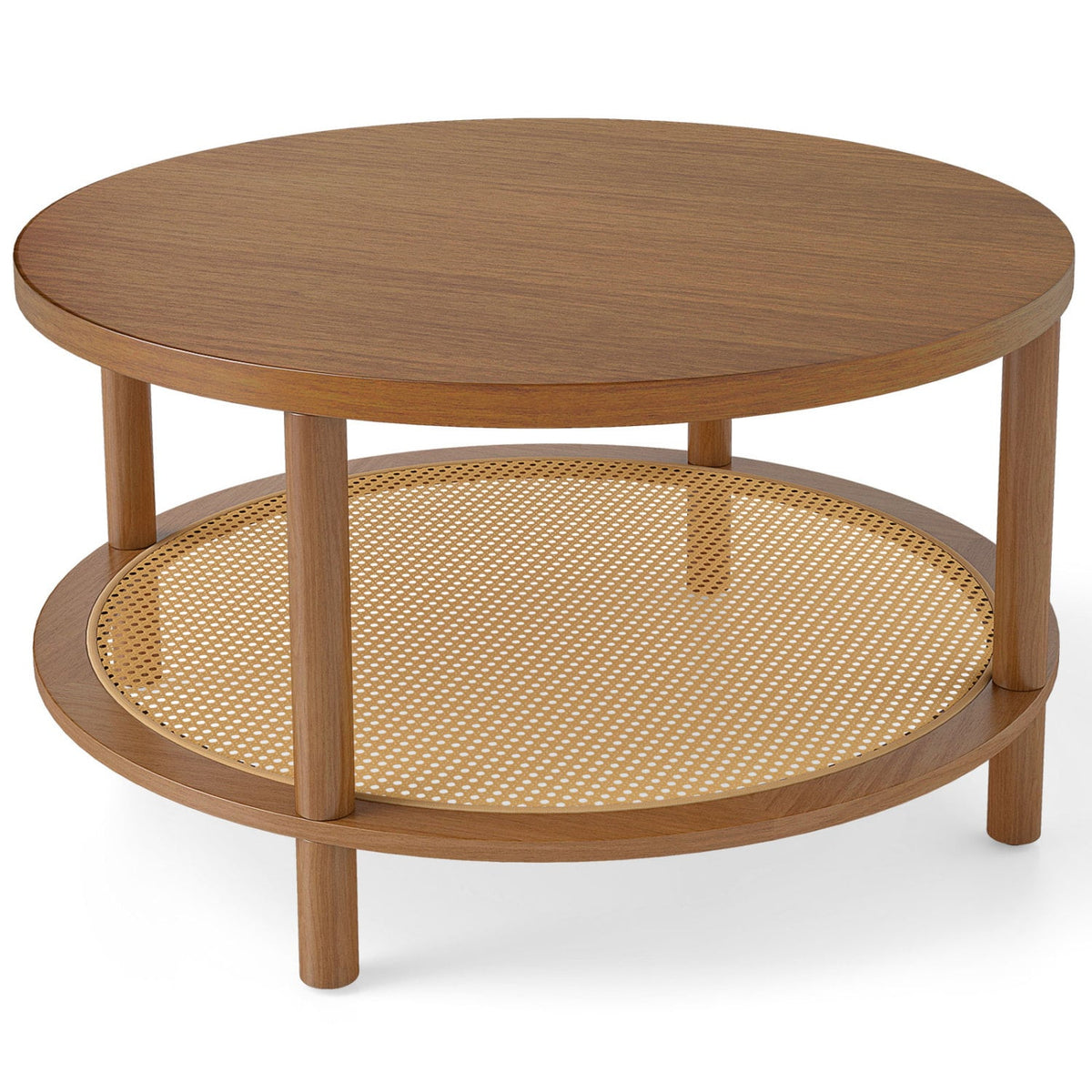 2-Tier Boho Round Rattan Coffee Table with Storage Shelf-Walnut-Coffee Tables-DECOROLALA