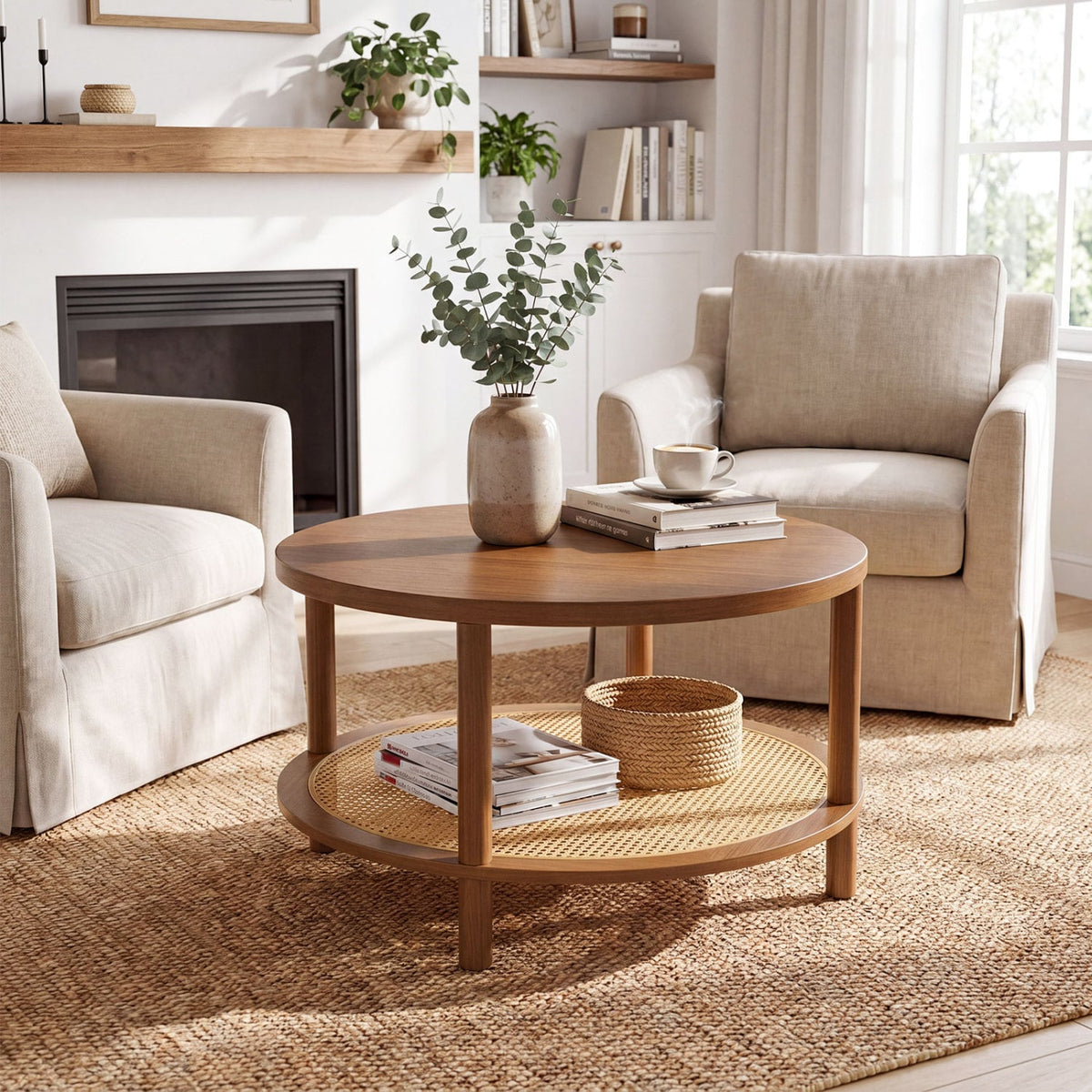 2-Tier Boho Round Rattan Coffee Table with Storage Shelf-Walnut-Coffee Tables-DECOROLALA