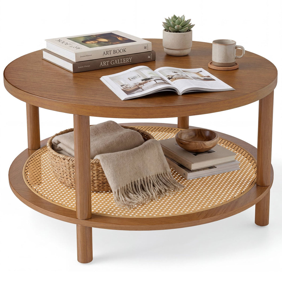 2-Tier Boho Round Rattan Coffee Table with Storage Shelf-Walnut-Coffee Tables-DECOROLALA