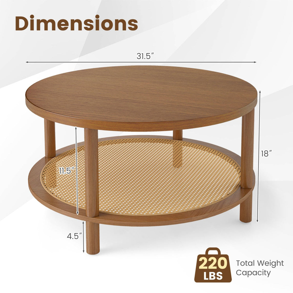 2-Tier Boho Round Rattan Coffee Table with Storage Shelf-Walnut-Coffee Tables-DECOROLALA