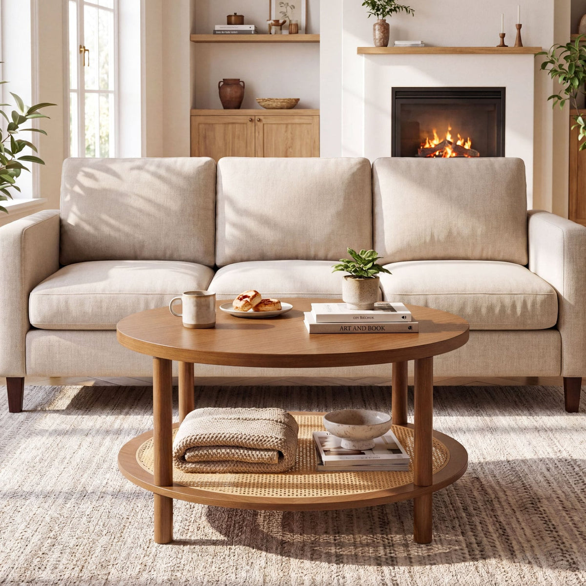 2-Tier Boho Round Rattan Coffee Table with Storage Shelf-Walnut-Coffee Tables-DECOROLALA