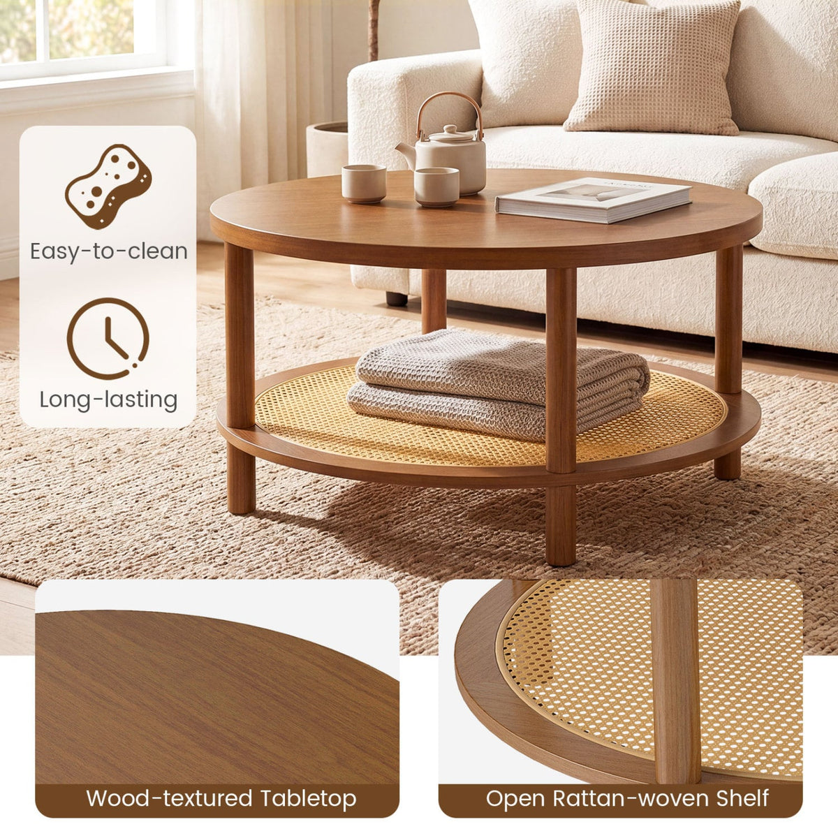 2-Tier Boho Round Rattan Coffee Table with Storage Shelf-Walnut-Coffee Tables-DECOROLALA