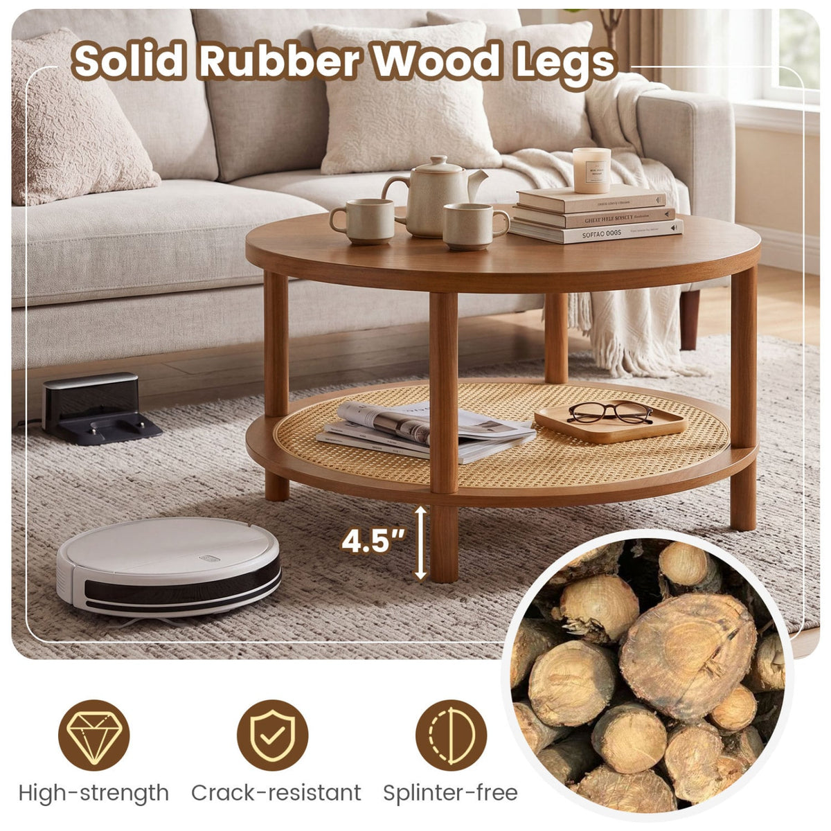 2-Tier Boho Round Rattan Coffee Table with Storage Shelf-Walnut-Coffee Tables-DECOROLALA