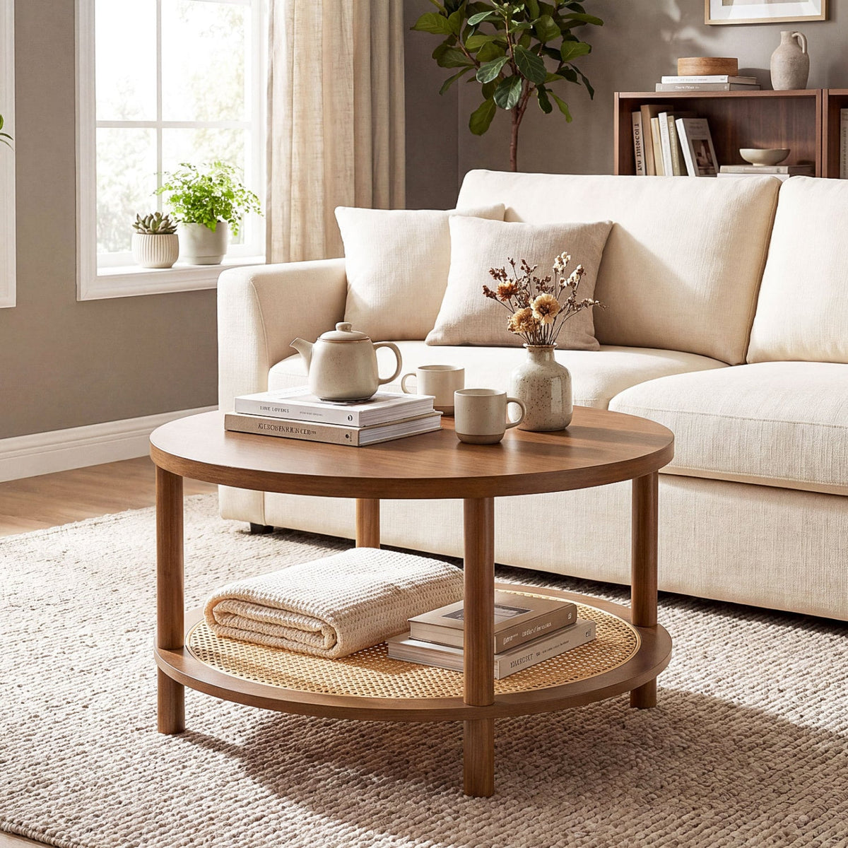 2-Tier Boho Round Rattan Coffee Table with Storage Shelf-Walnut-Coffee Tables-DECOROLALA