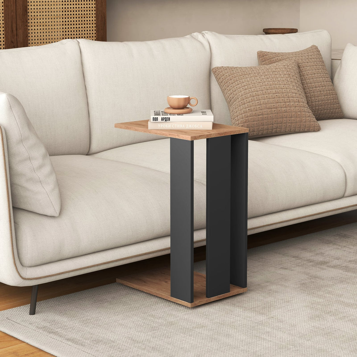 2-Tier C-Shaped Side Table with Universal Wheels and Shelf-Rustic Brown-End & Side Tables-DECOROLALA