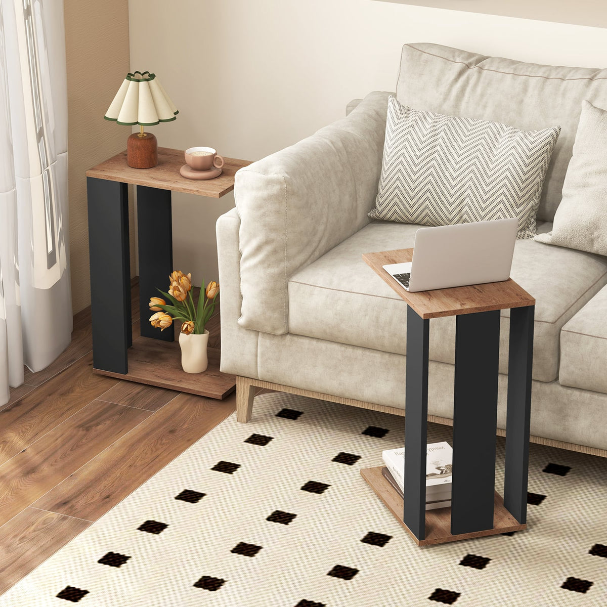 2-Tier C-Shaped Side Table with Universal Wheels and Shelf-Rustic Brown-End & Side Tables-DECOROLALA