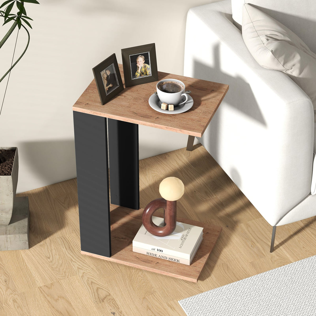 2-Tier C-Shaped Side Table with Universal Wheels and Shelf-Rustic Brown-End & Side Tables-DECOROLALA