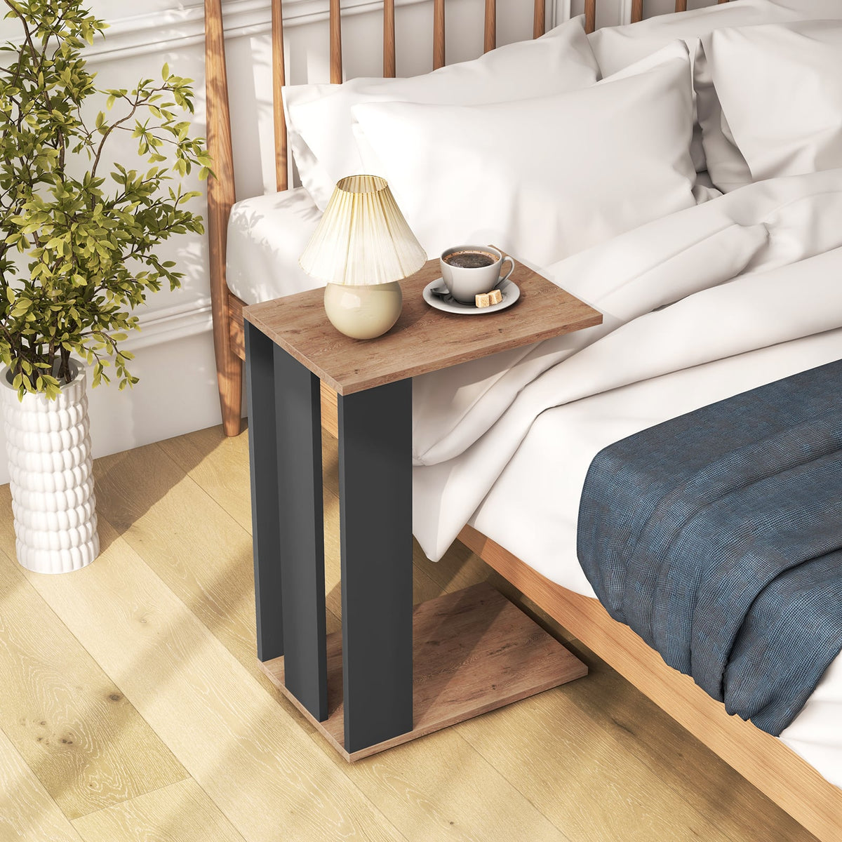2-Tier C-Shaped Side Table with Universal Wheels and Shelf-Rustic Brown-End & Side Tables-DECOROLALA