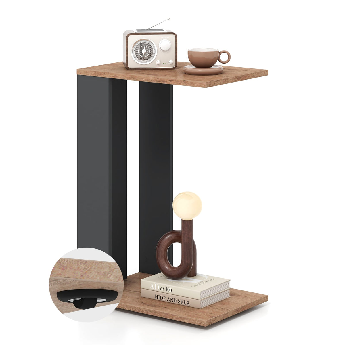 2-Tier C-Shaped Side Table with Universal Wheels and Shelf-Rustic Brown-End & Side Tables-DECOROLALA