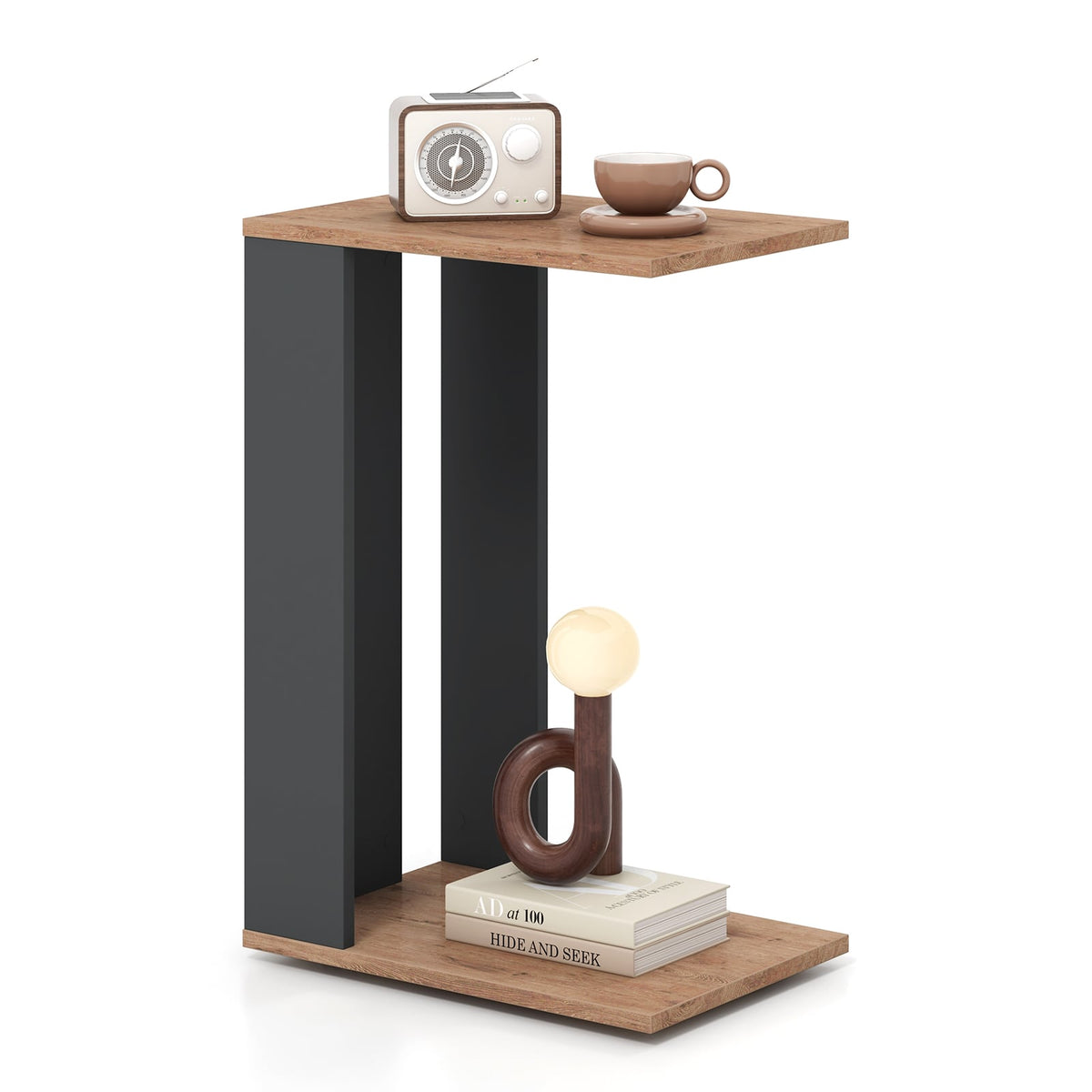 2-Tier C-Shaped Side Table with Universal Wheels and Shelf-Rustic Brown-End & Side Tables-DECOROLALA