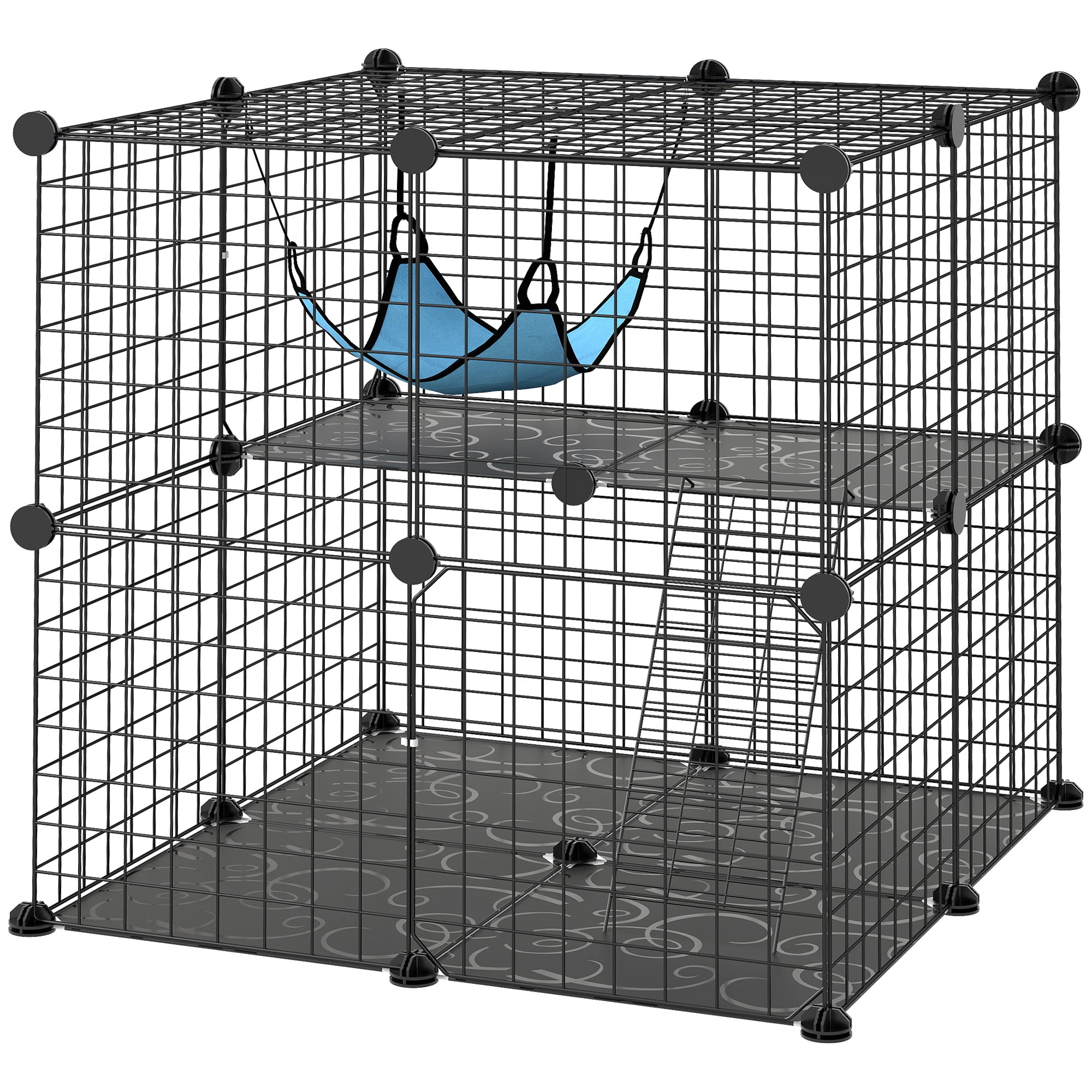 2 Tier Cat Cage Crate, DIY Pet Playpen with 2 Doors, Ladder, Hammock, Perch, Indoor Playpen for Kittens, Black-Cats-DECOROLALA
