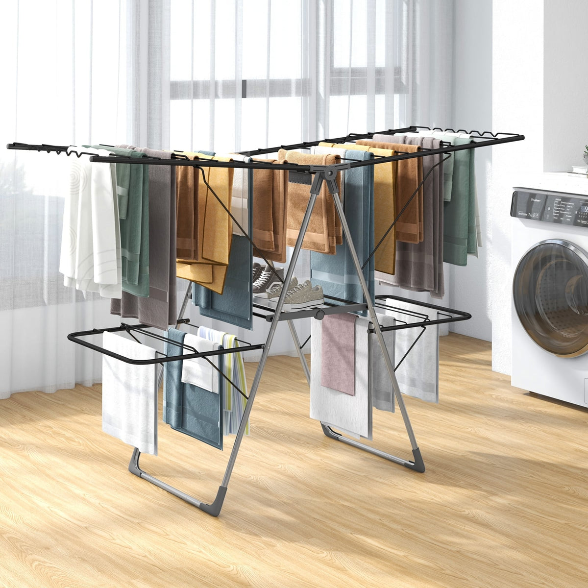 2-Tier Clothes Drying Rack with 33 Drying Rails and Height Adjustable Gullwings-Laundry Drying Racks-DECOROLALA