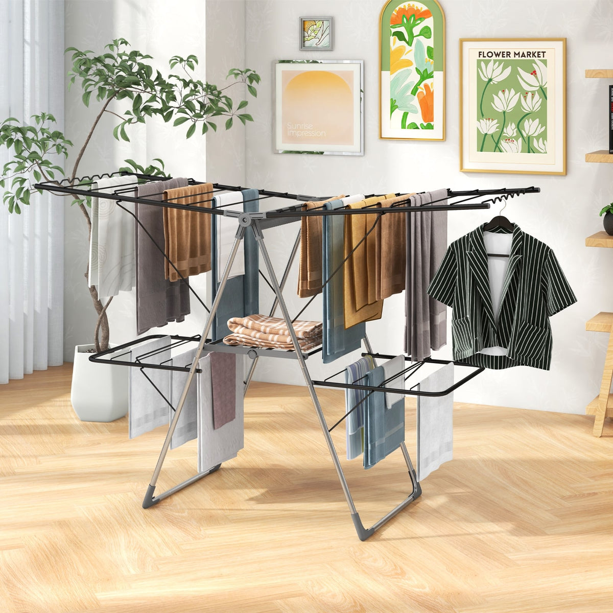 2-Tier Clothes Drying Rack with 33 Drying Rails and Height Adjustable Gullwings-Laundry Drying Racks-DECOROLALA