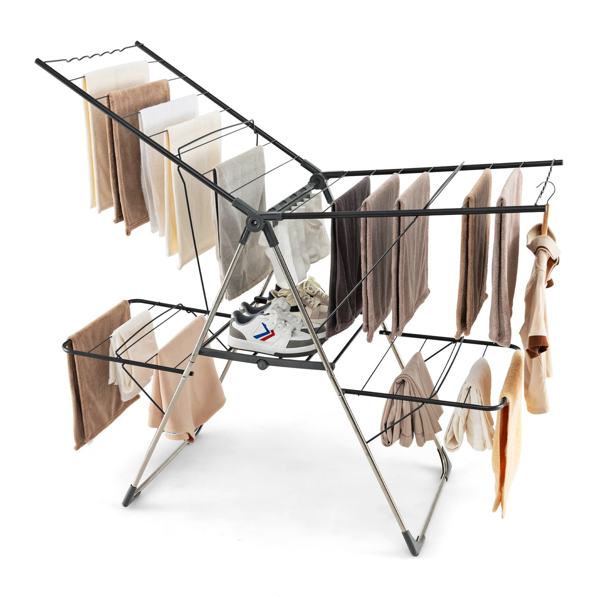 2-Tier Clothes Drying Rack with 33 Drying Rails and Height Adjustable Gullwings-Laundry Drying Racks-DECOROLALA