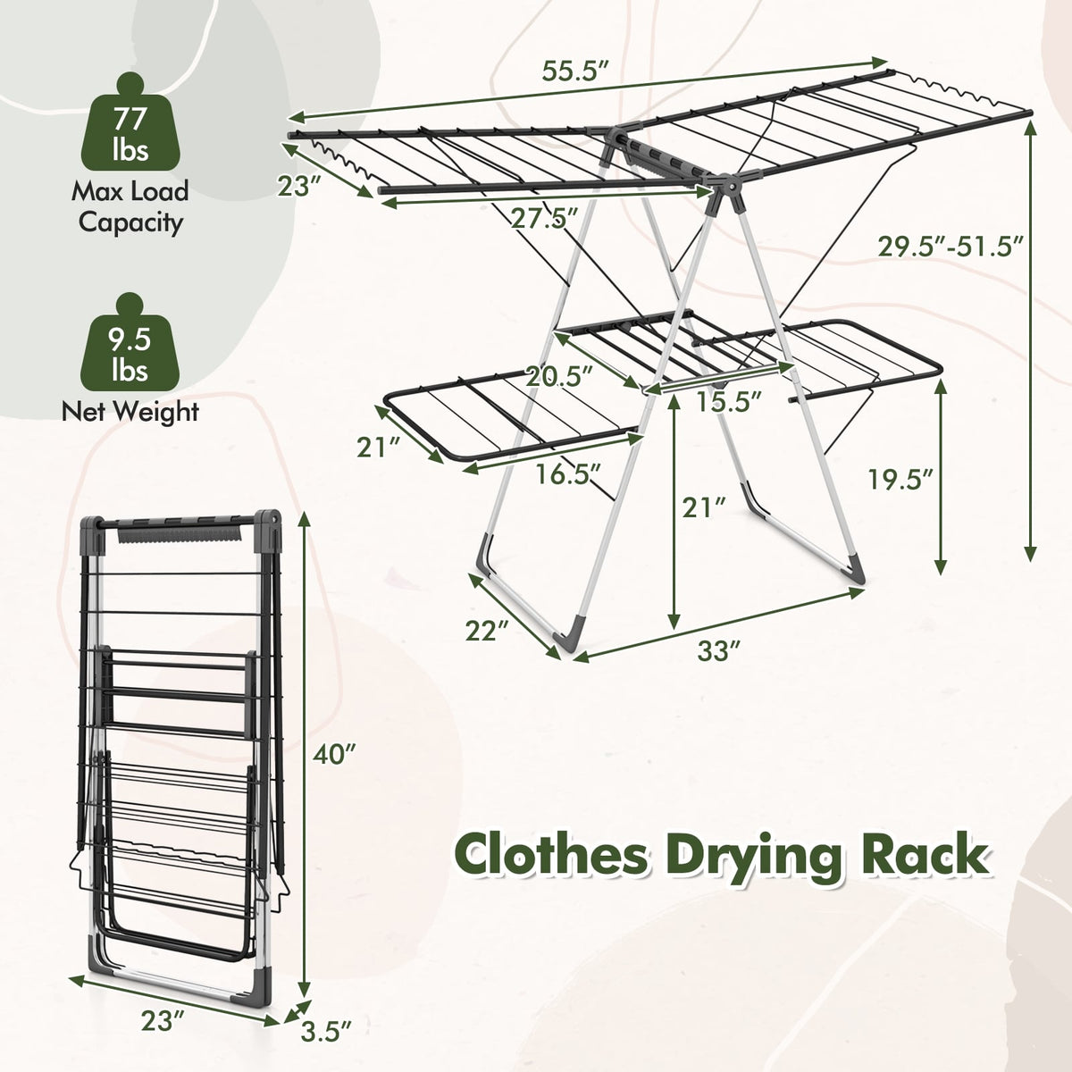 2-Tier Clothes Drying Rack with 33 Drying Rails and Height Adjustable Gullwings-Laundry Drying Racks-DECOROLALA