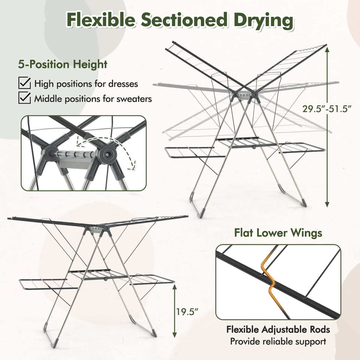 2-Tier Clothes Drying Rack with 33 Drying Rails and Height Adjustable Gullwings-Laundry Drying Racks-DECOROLALA