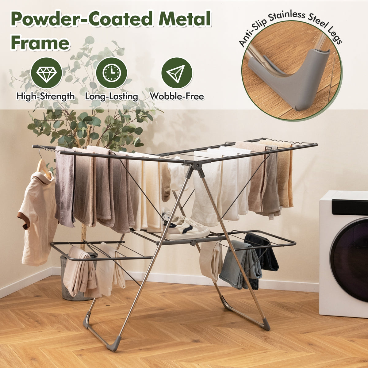 2-Tier Clothes Drying Rack with 33 Drying Rails and Height Adjustable Gullwings-Laundry Drying Racks-DECOROLALA