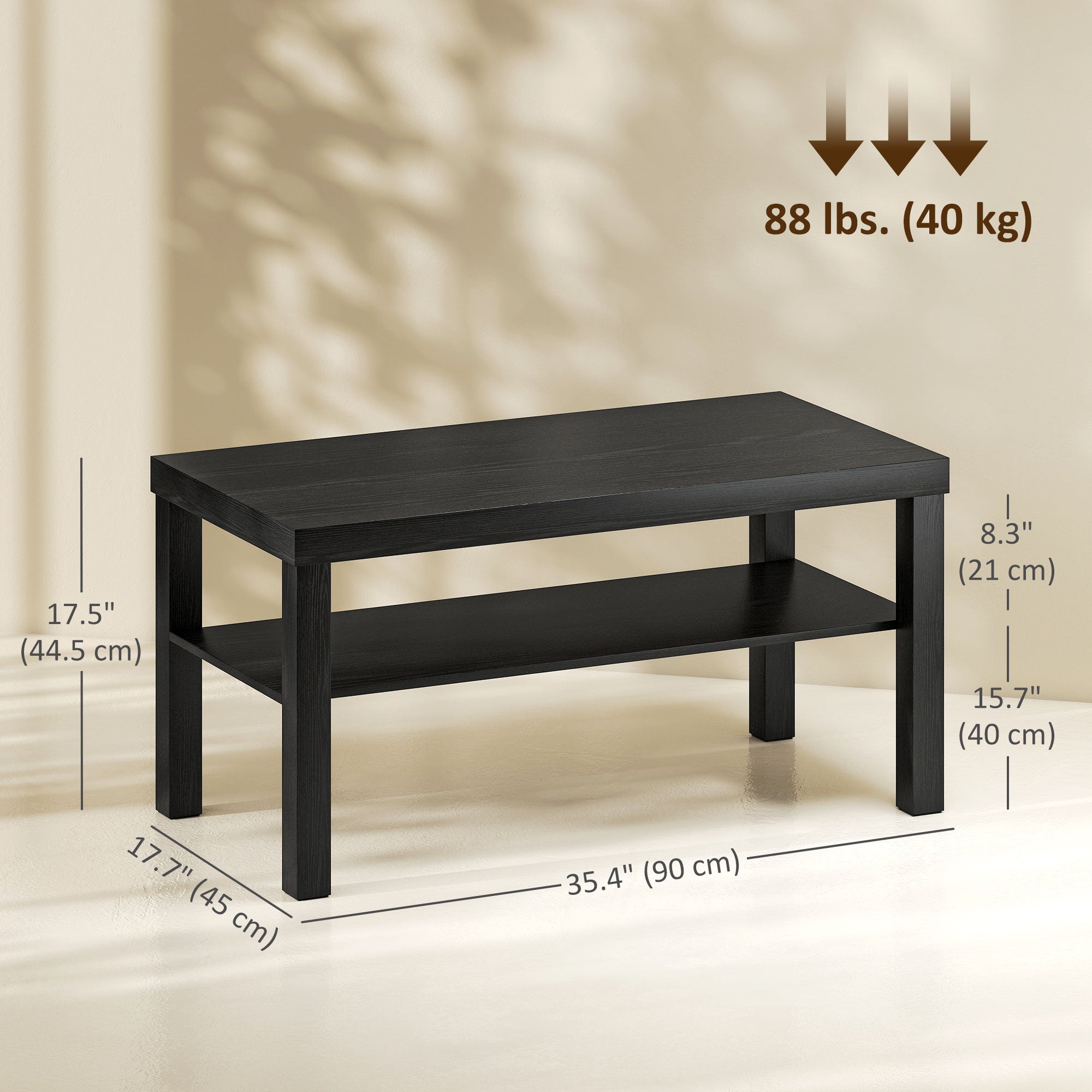 2-Tier Coffee Table - Black 35.5" Rectangular with Shelf-Home Furnishings > Living Room Furniture > Coffee Tables-DECOROLALA
