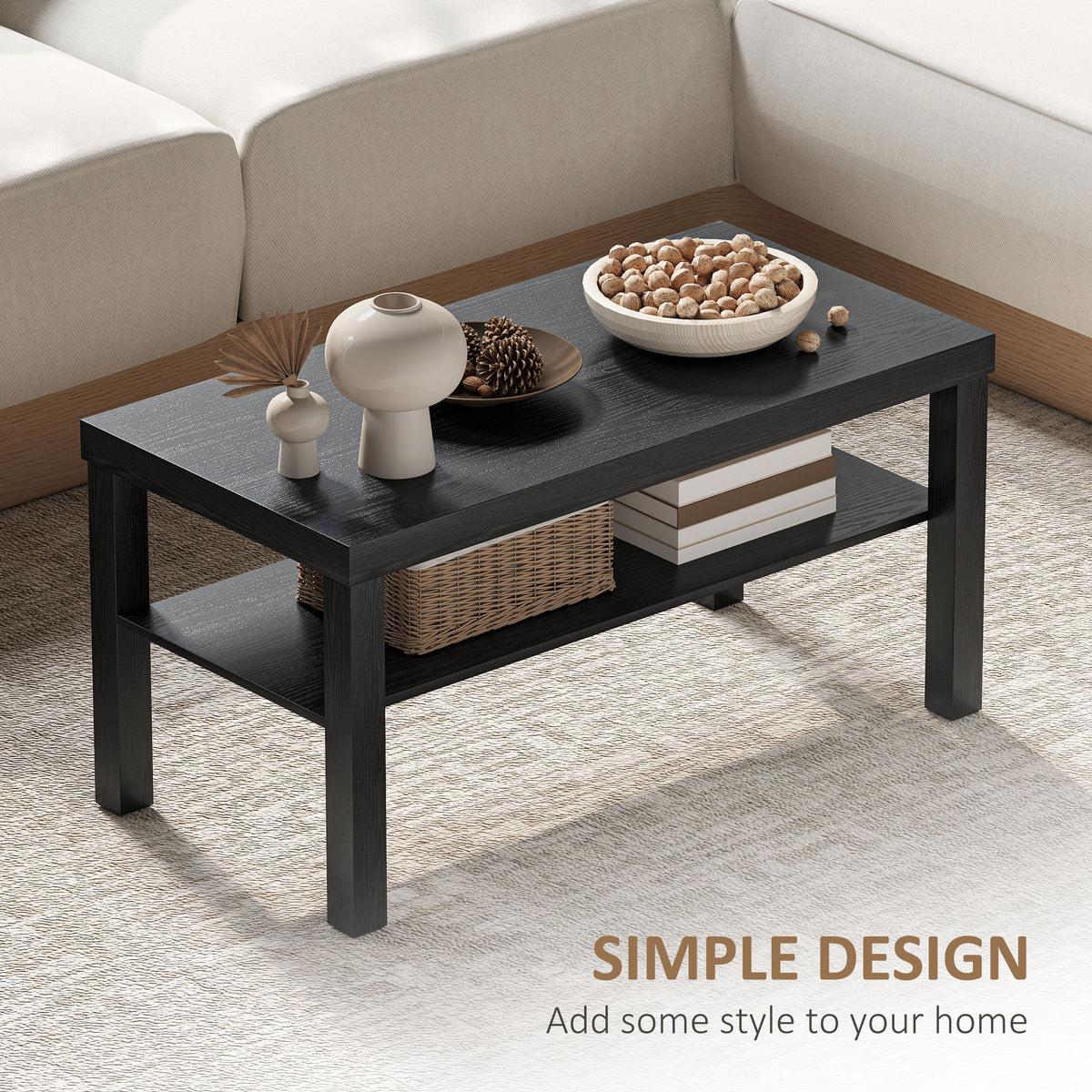 2-Tier Coffee Table - Black 35.5" Rectangular with Shelf-Home Furnishings > Living Room Furniture > Coffee Tables-DECOROLALA