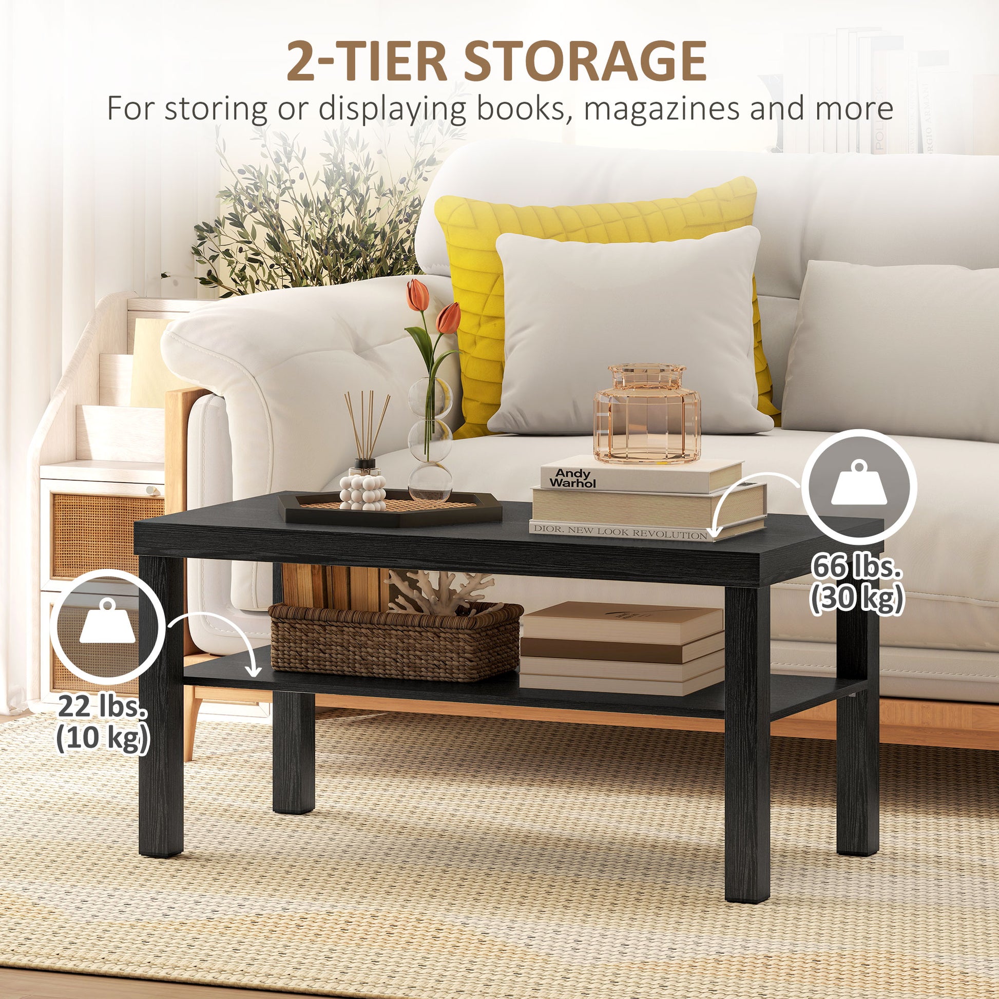 2-Tier Coffee Table - Black 35.5" Rectangular with Shelf-Home Furnishings > Living Room Furniture > Coffee Tables-DECOROLALA