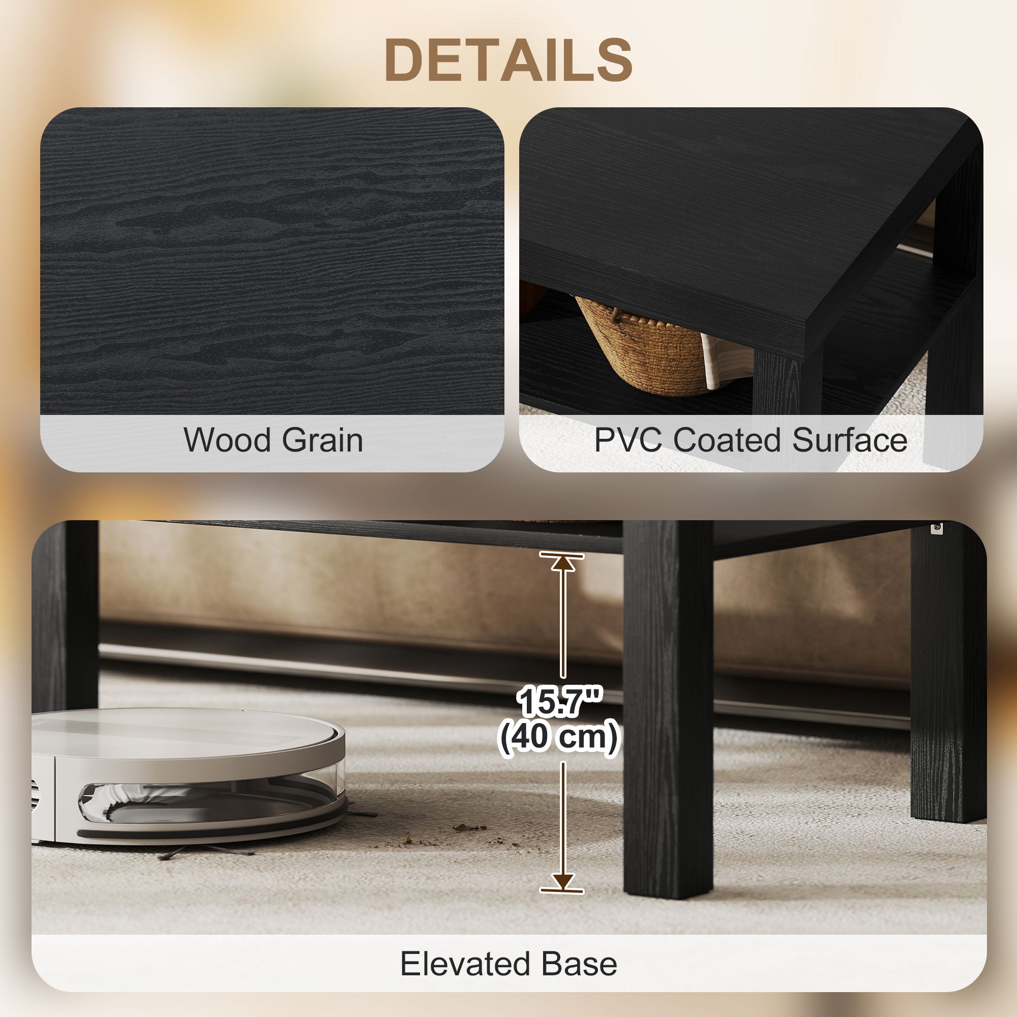 2-Tier Coffee Table - Black 35.5" Rectangular with Shelf-Home Furnishings > Living Room Furniture > Coffee Tables-DECOROLALA