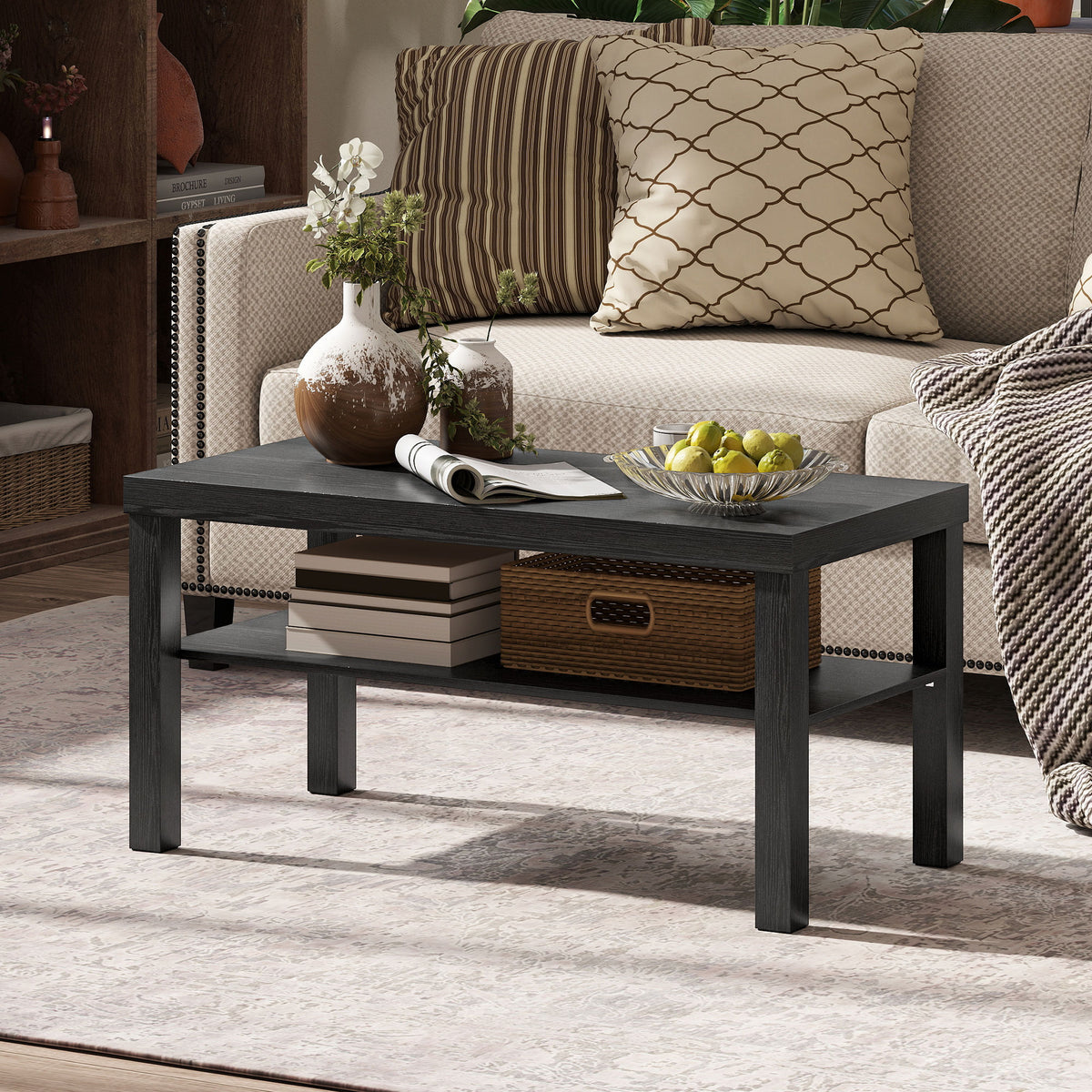 2-Tier Coffee Table - Black 35.5" Rectangular with Shelf-Home Furnishings > Living Room Furniture > Coffee Tables-DECOROLALA