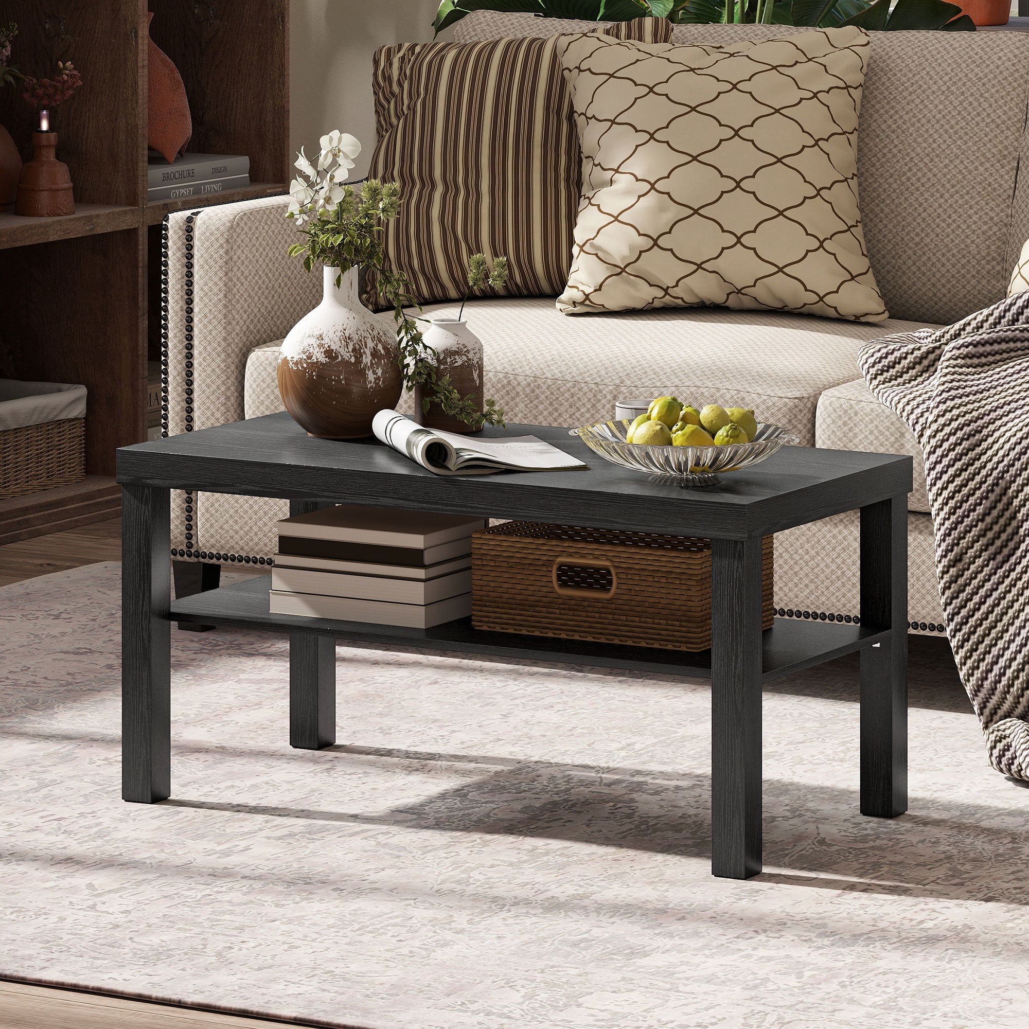 2-Tier Coffee Table - Black 35.5" Rectangular with Shelf-Home Furnishings > Living Room Furniture > Coffee Tables-DECOROLALA