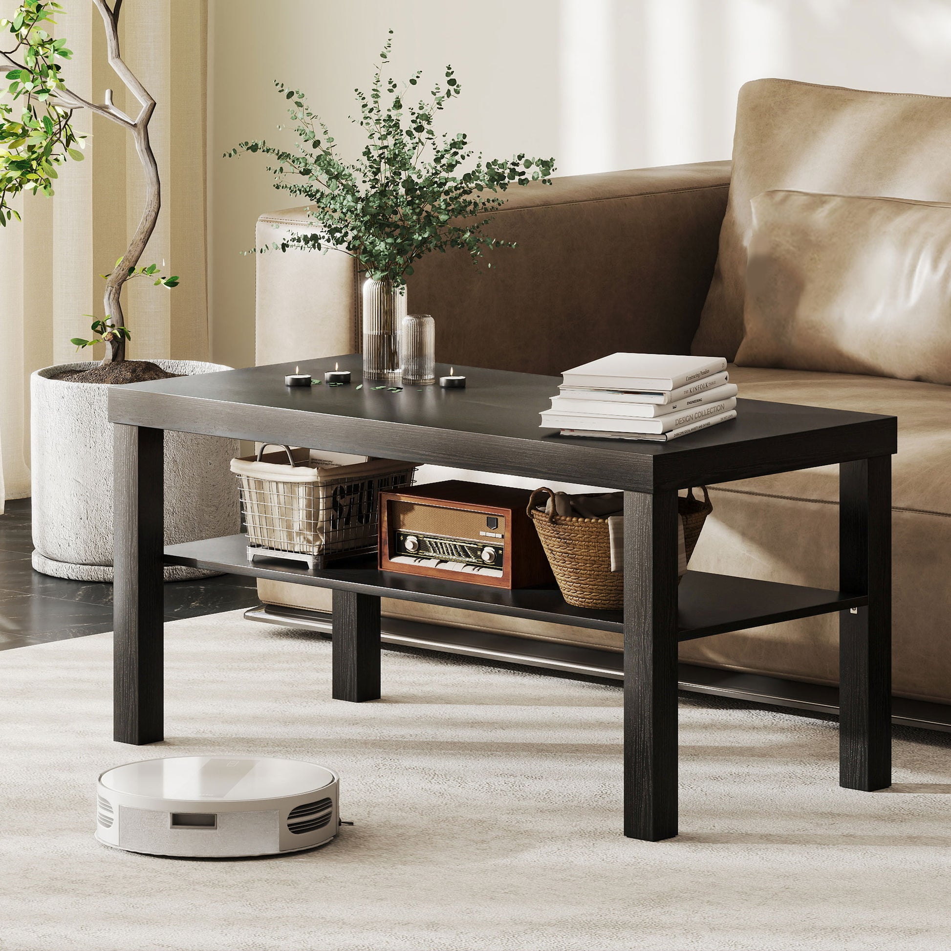2-Tier Coffee Table - Black 35.5" Rectangular with Shelf-Home Furnishings > Living Room Furniture > Coffee Tables-DECOROLALA