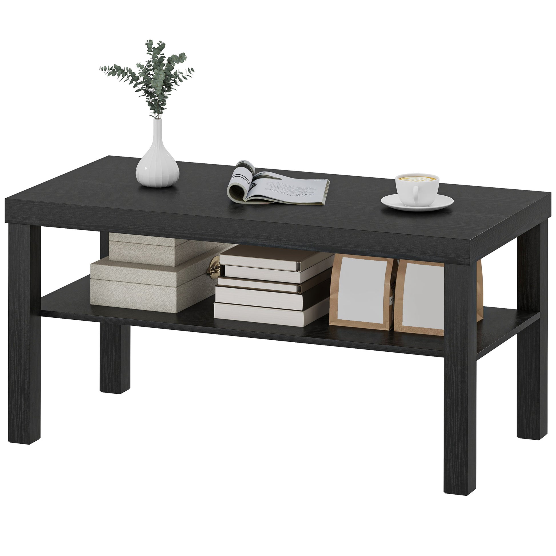 2-Tier Coffee Table - Black 35.5" Rectangular with Shelf-Home Furnishings > Living Room Furniture > Coffee Tables-DECOROLALA