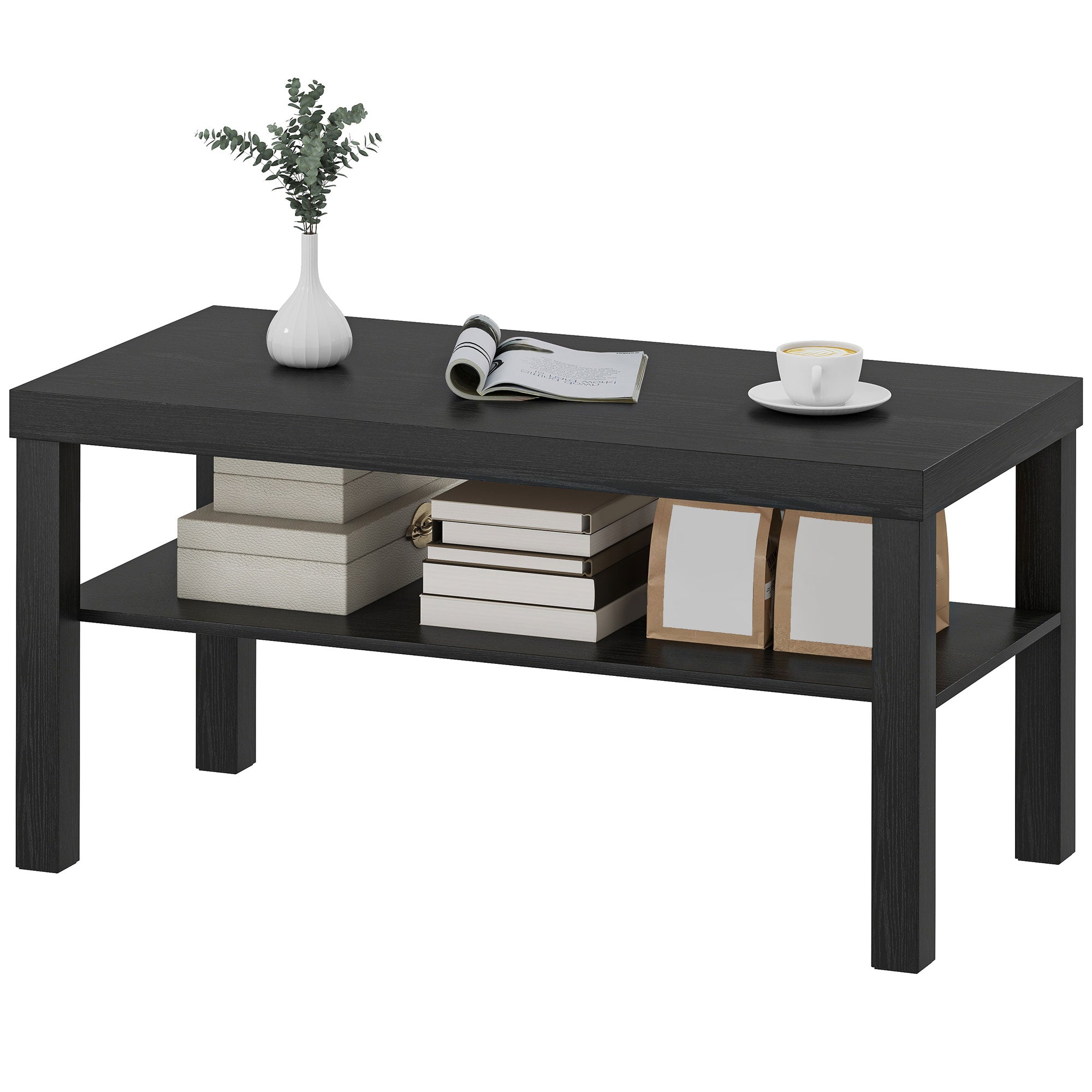 2-Tier Coffee Table - Black 35.5" Rectangular with Shelf-Home Furnishings > Living Room Furniture > Coffee Tables-DECOROLALA