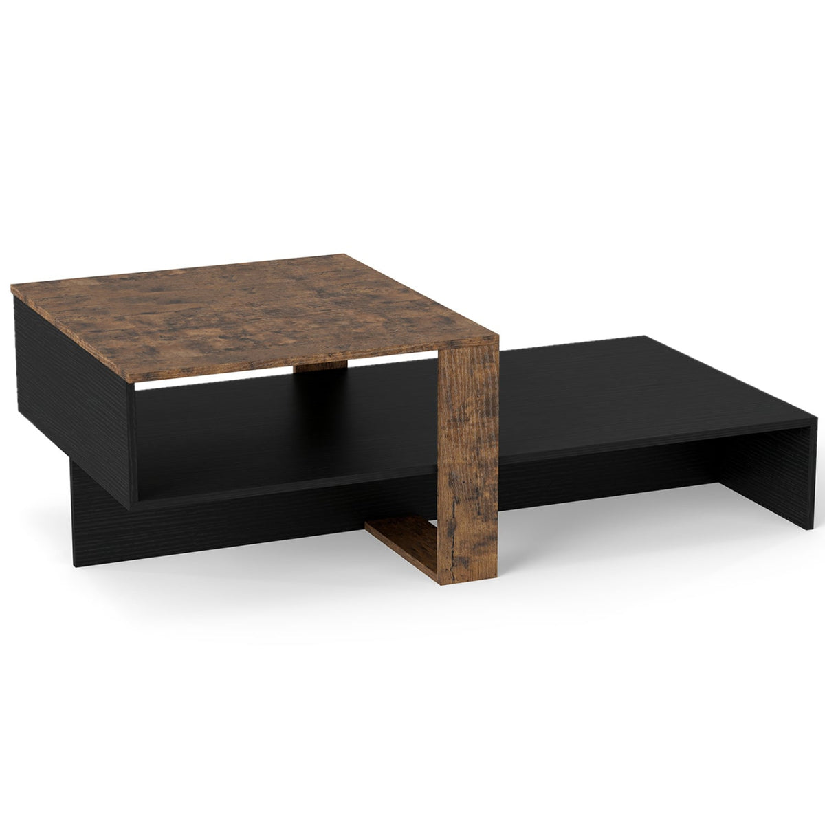 2-Tier Coffee Table Modern Irregular Center Table with Open Storage Shelf-Black & Brown-Coffee Tables-DECOROLALA
