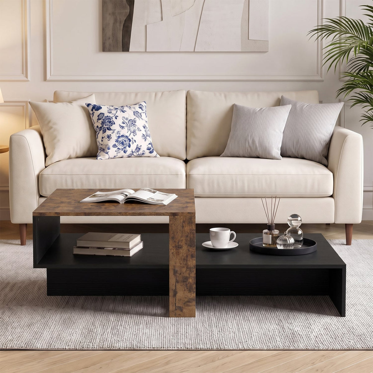 2-Tier Coffee Table Modern Irregular Center Table with Open Storage Shelf-Black & Brown-Coffee Tables-DECOROLALA